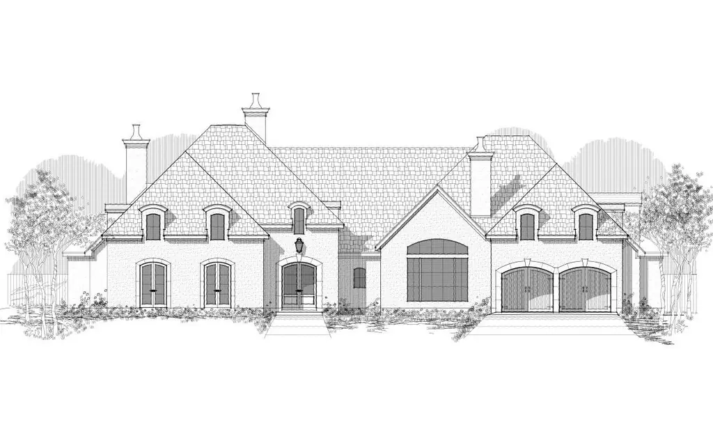 Pen and ink front elevation drawing of a French country custom home, drawn by Envision Design Build